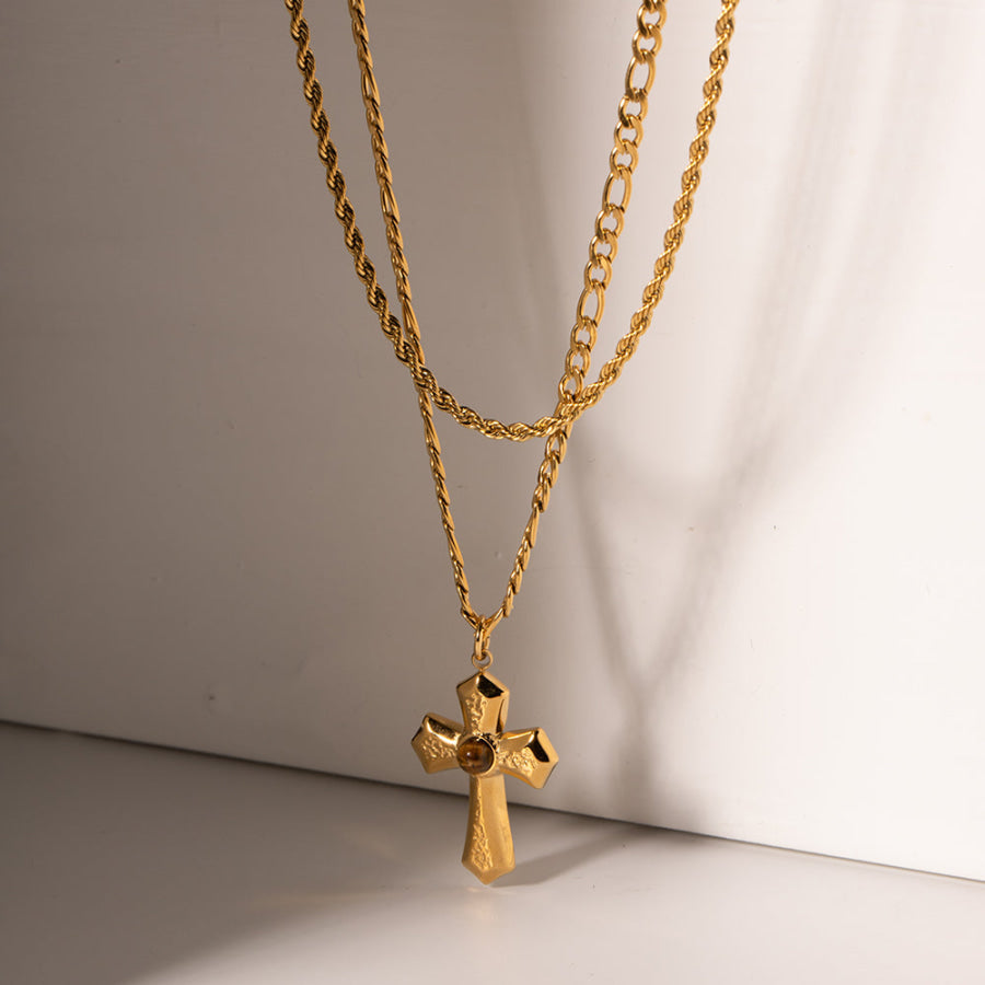 18K Gold-Plated Double Layered Cross Necklace Gold / One Size Apparel and Accessories