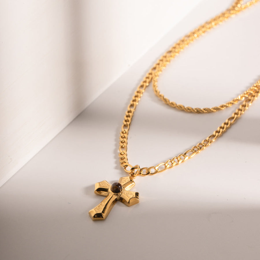 18K Gold-Plated Double Layered Cross Necklace Gold / One Size Apparel and Accessories