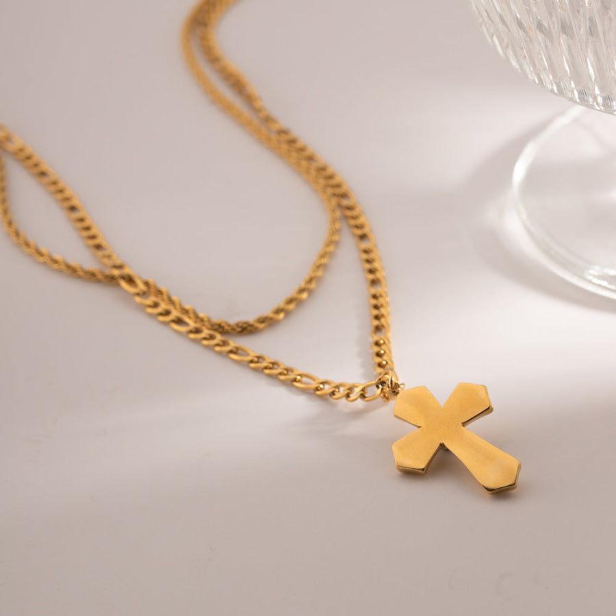 18K Gold-Plated Double Layered Cross Necklace Gold / One Size Apparel and Accessories