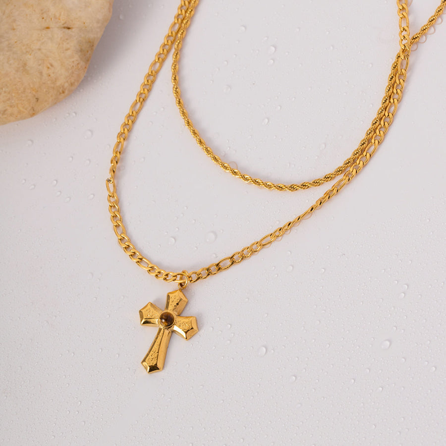 18K Gold-Plated Double Layered Cross Necklace Gold / One Size Apparel and Accessories