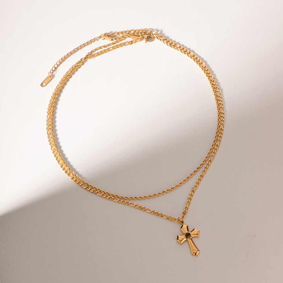 18K Gold-Plated Double Layered Cross Necklace Gold / One Size Apparel and Accessories