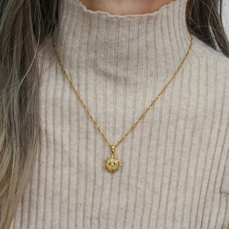 18K Gold-Plated Evil Eye Sunburst Pendant Necklace Gold / onesize Apparel and Accessories