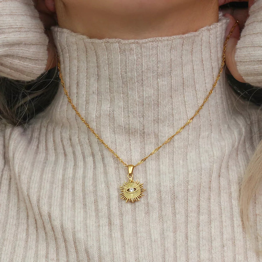 18K Gold-Plated Evil Eye Sunburst Pendant Necklace Gold / onesize Apparel and Accessories