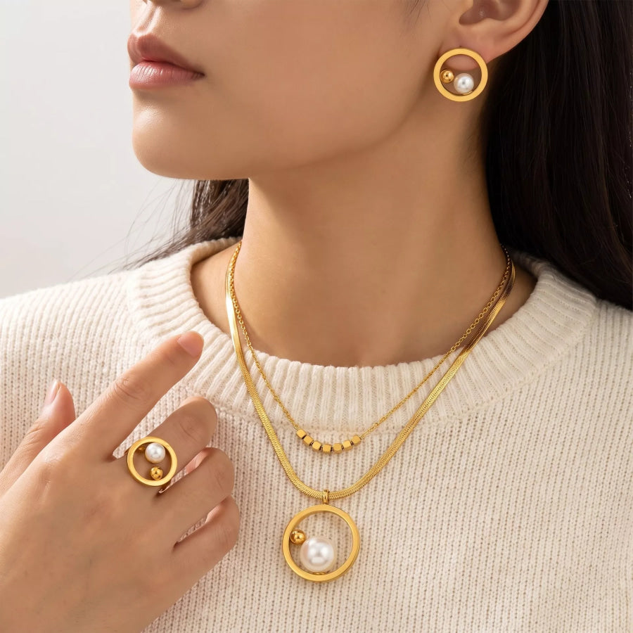 18K Gold-Plated Layered Necklace & Earrings and Ring Jewelry Set Gold / onesize Apparel Accessories
