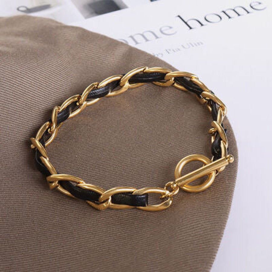 18K Gold - Plated Leather Chain Bracelet Gold / One Size Apparel and Accessories