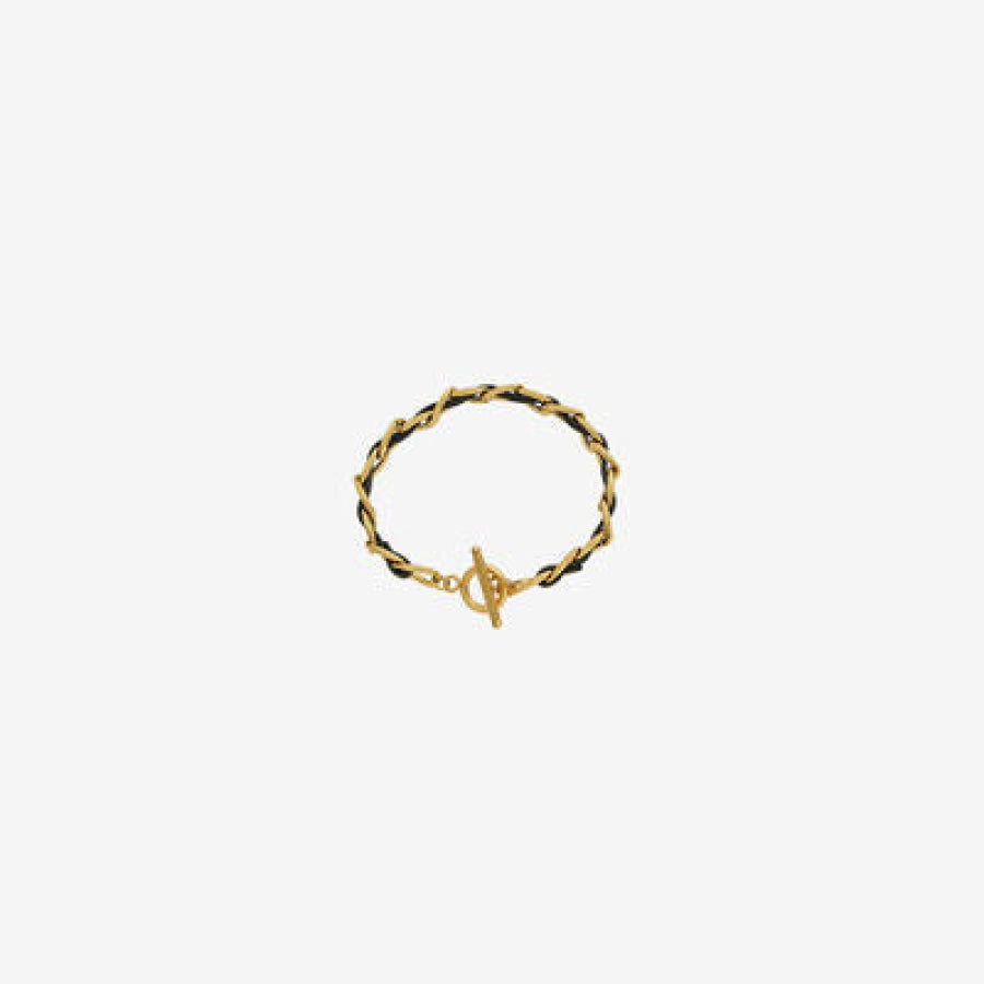 18K Gold - Plated Leather Chain Bracelet Gold / One Size Apparel and Accessories