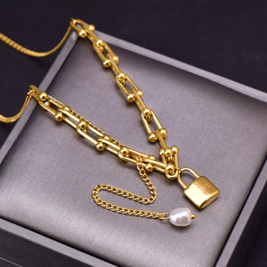 18K Gold-Plated Lock Pendant Necklace Gold / One Size Apparel and Accessories