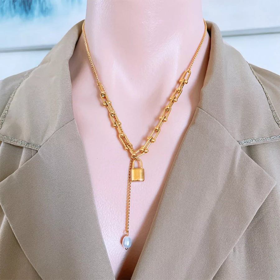 18K Gold-Plated Lock Pendant Necklace Gold / One Size Apparel and Accessories