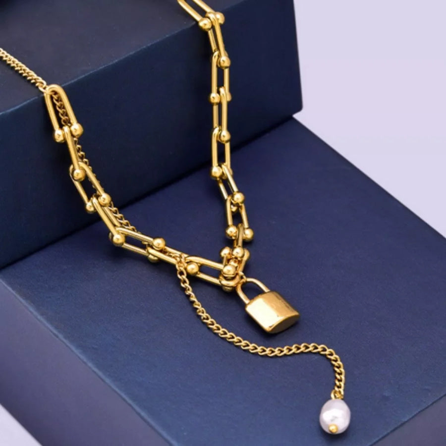 18K Gold-Plated Lock Pendant Necklace Gold / One Size Apparel and Accessories