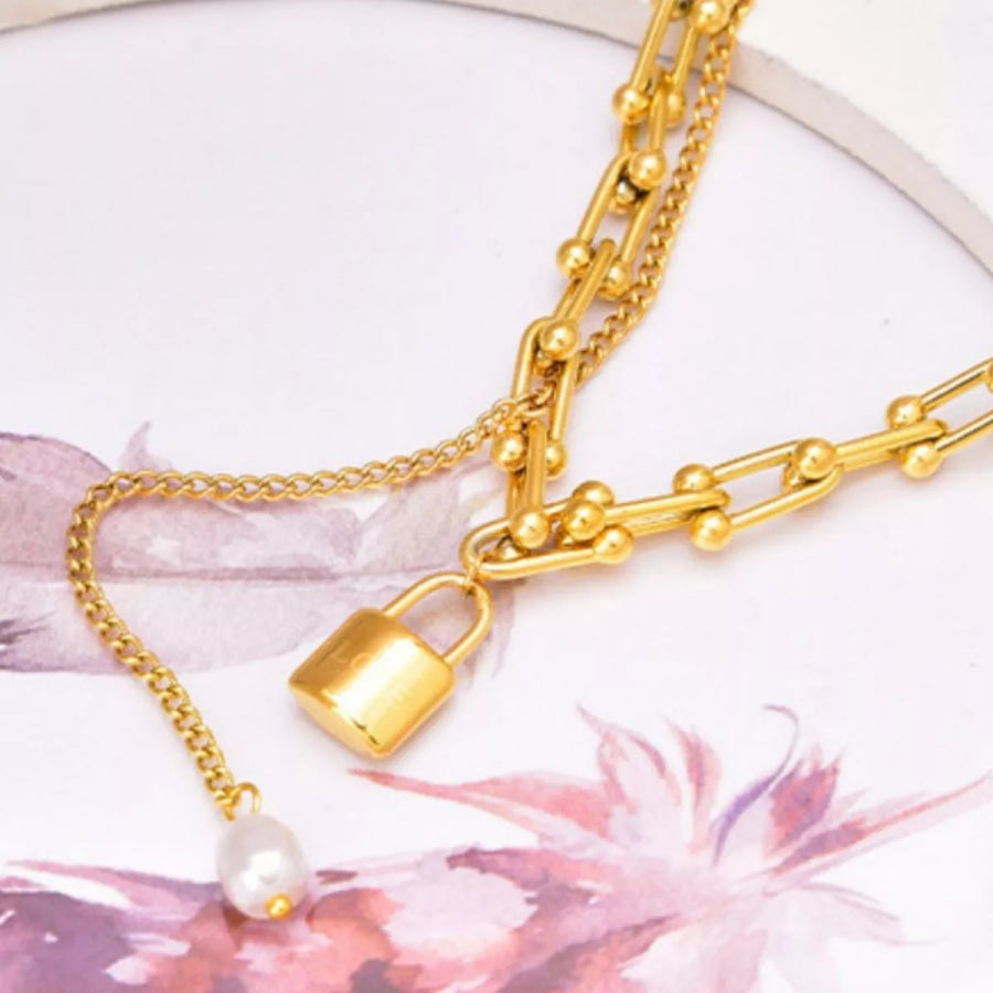 18K Gold-Plated Lock Pendant Necklace Gold / One Size Apparel and Accessories
