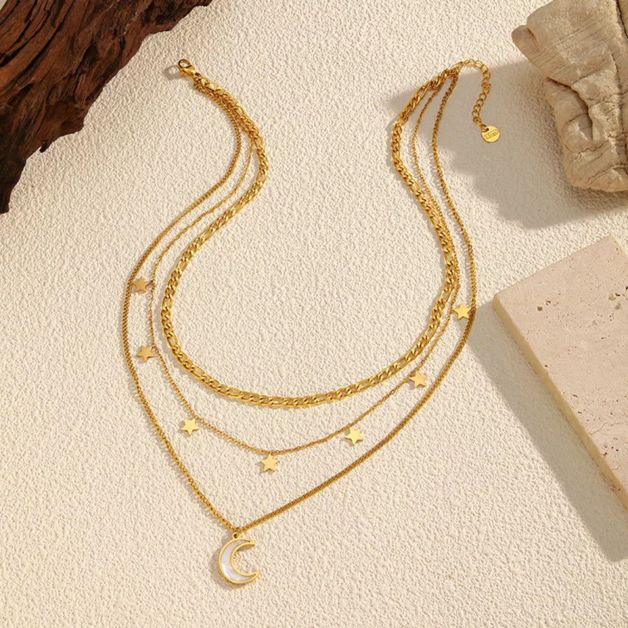 18K Gold-Plated Moon Three-Layered Necklace Gold / One Size Apparel and Accessories