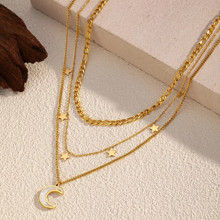 18K Gold-Plated Moon Three-Layered Necklace Gold / One Size Apparel and Accessories