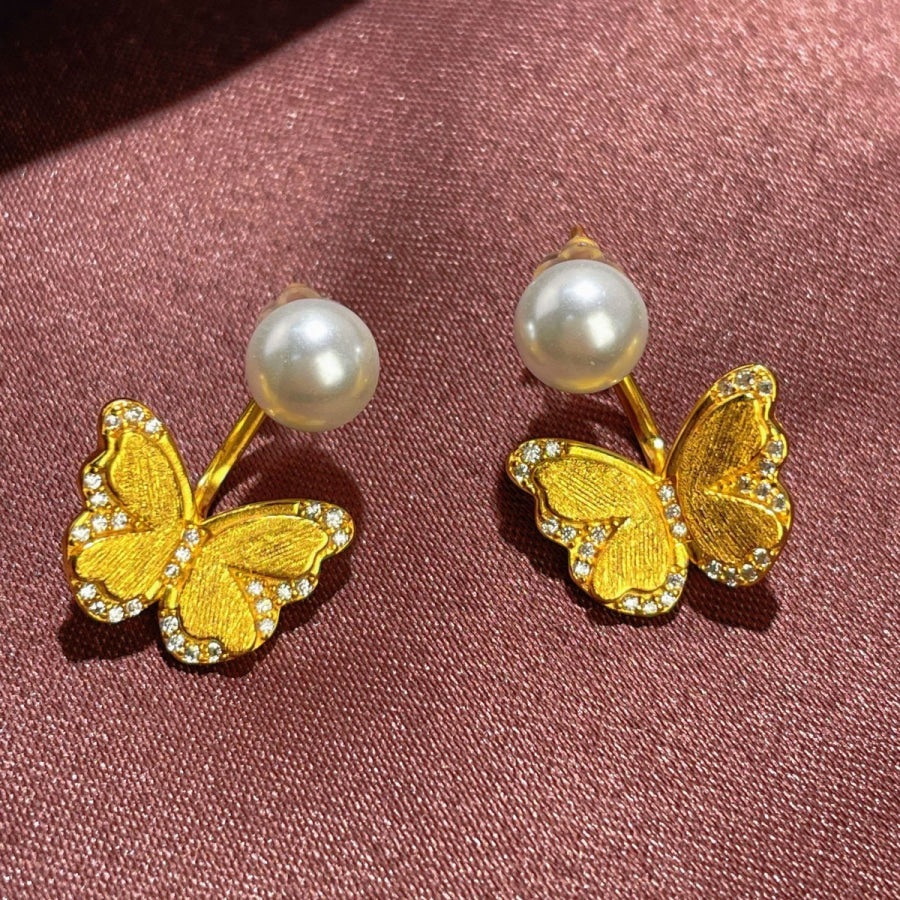 18K Gold-Plated Pearl Butterfly Earrings Gold / One Size Apparel and Accessories