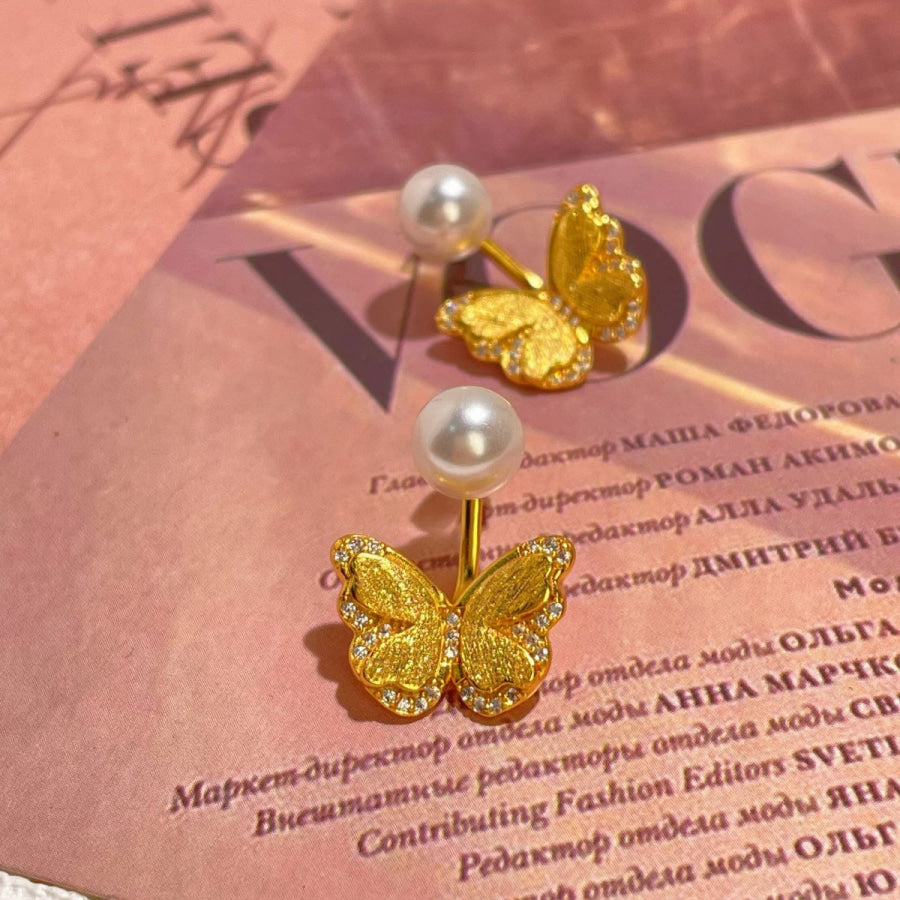 18K Gold-Plated Pearl Butterfly Earrings Gold / One Size Apparel and Accessories