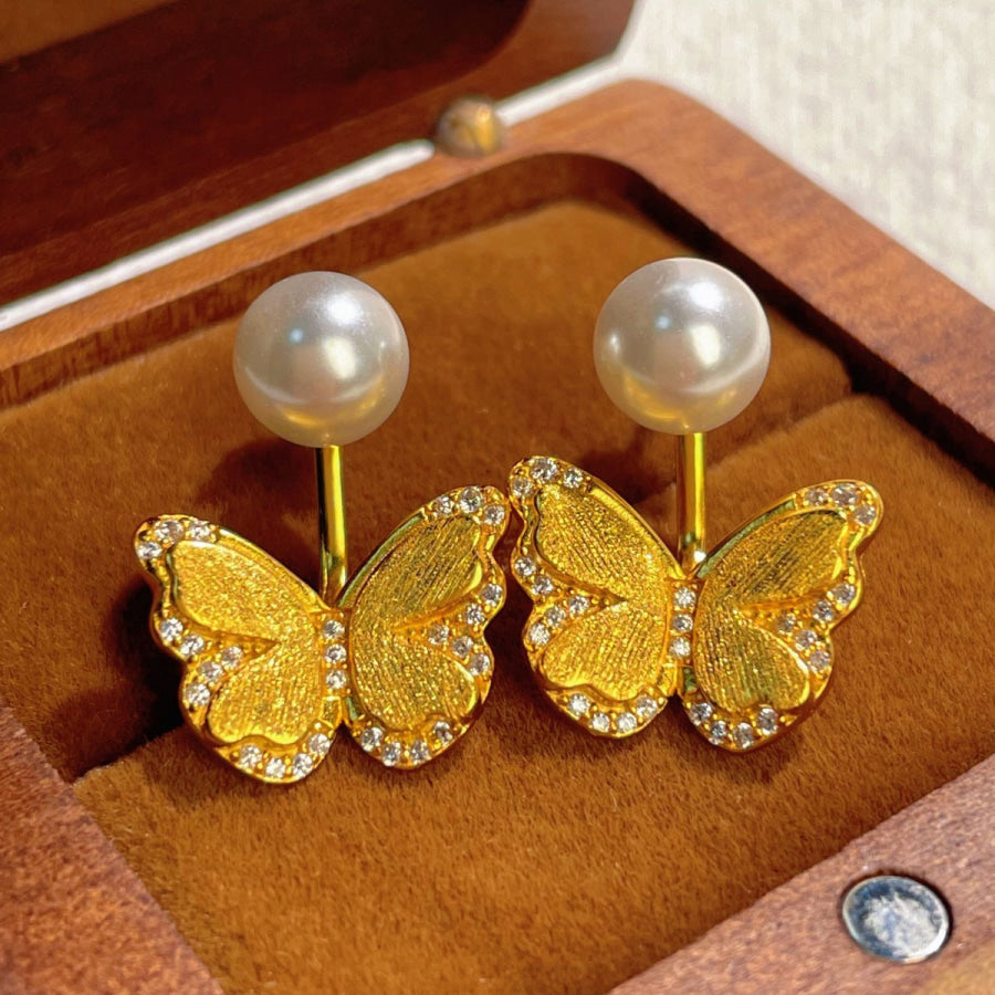 18K Gold-Plated Pearl Butterfly Earrings Gold / One Size Apparel and Accessories