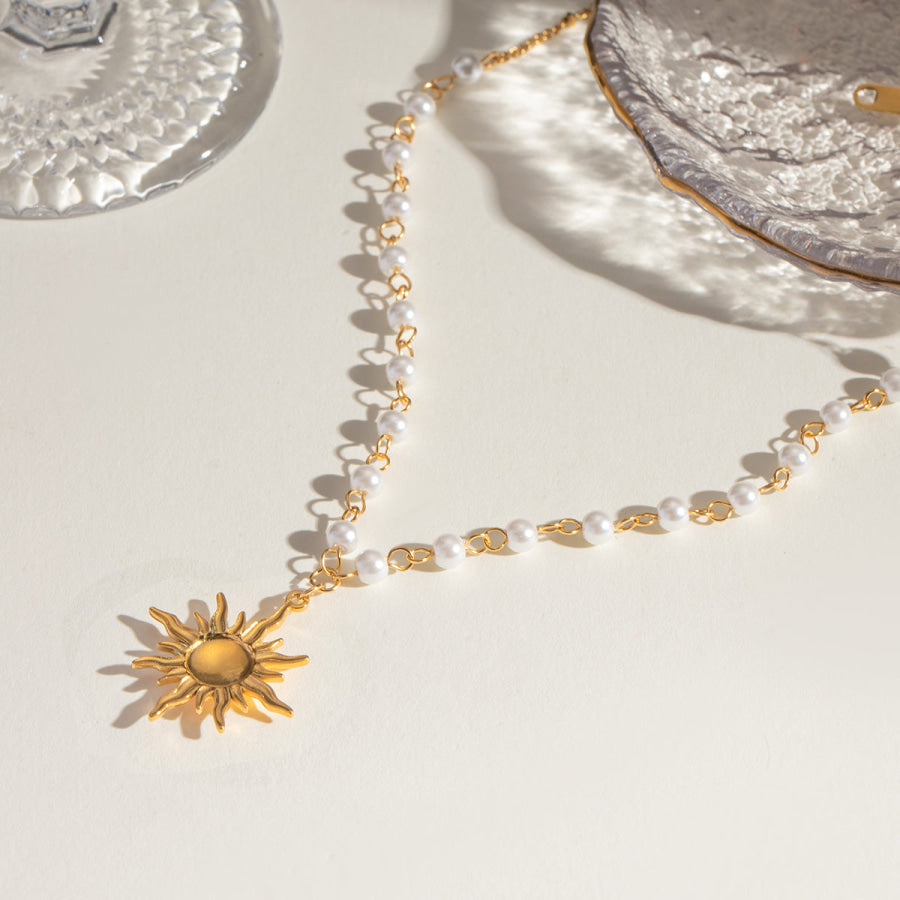 18K Gold-Plated Pearl Sun Necklace Gold / One Size Apparel and Accessories