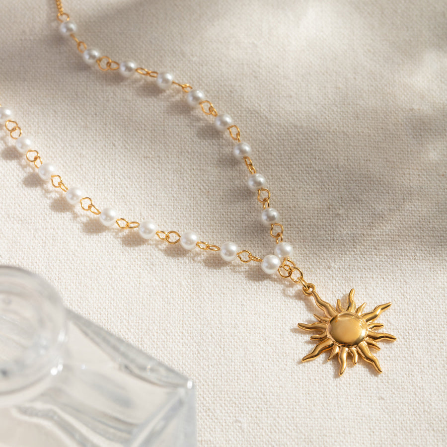 18K Gold-Plated Pearl Sun Necklace Gold / One Size Apparel and Accessories