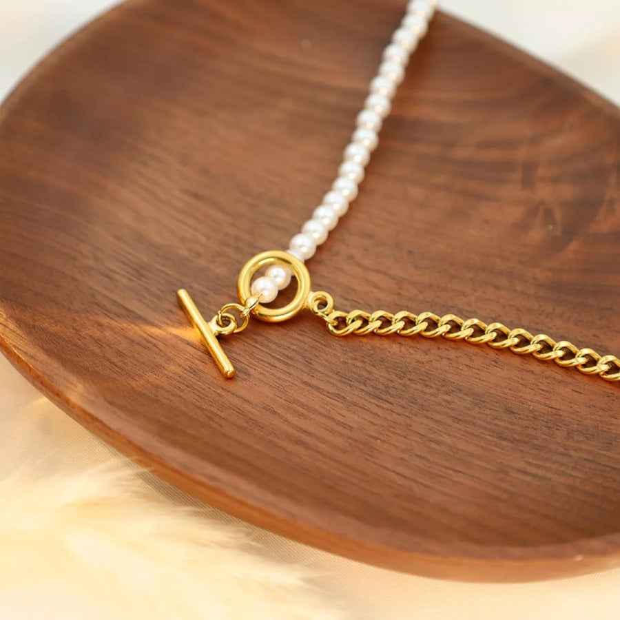 18K Gold-Plated Pearl Toggle Necklace Gold / One Size Apparel and Accessories