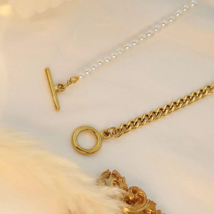 18K Gold-Plated Pearl Toggle Necklace Gold / One Size Apparel and Accessories