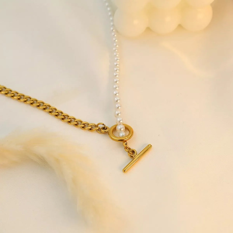 18K Gold-Plated Pearl Toggle Necklace Gold / One Size Apparel and Accessories