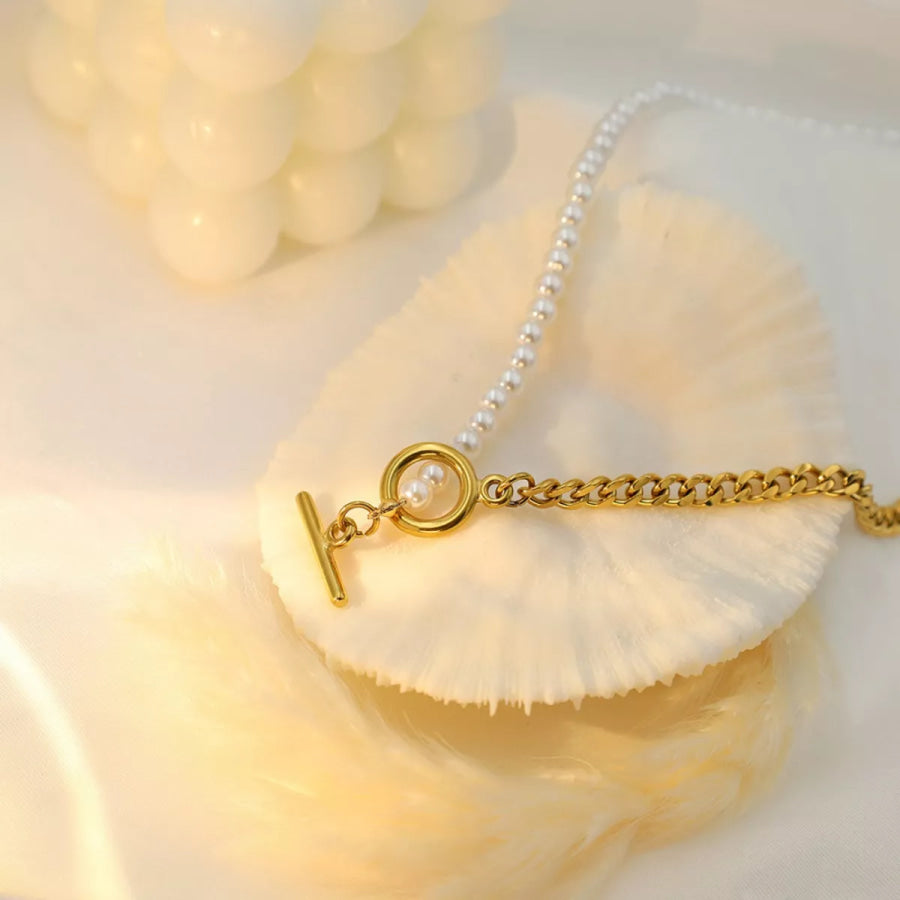 18K Gold-Plated Pearl Toggle Necklace Gold / One Size Apparel and Accessories
