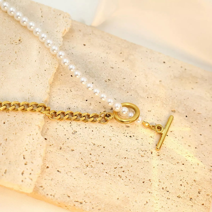18K Gold-Plated Pearl Toggle Necklace Gold / One Size Apparel and Accessories