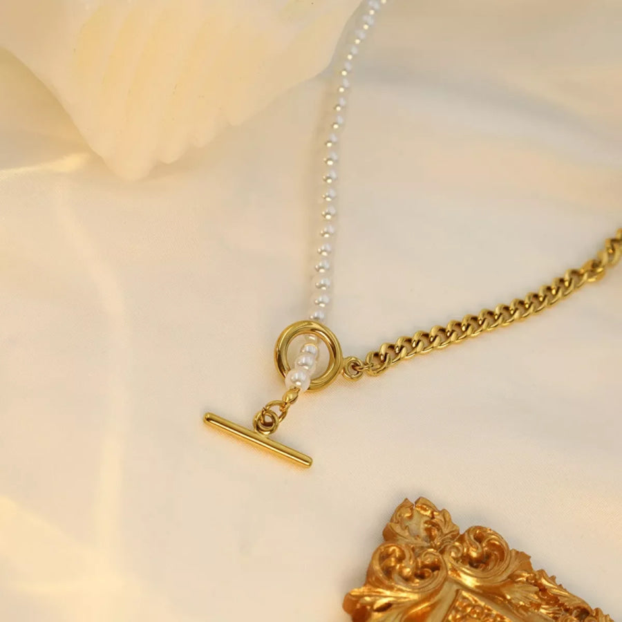 18K Gold-Plated Pearl Toggle Necklace Gold / One Size Apparel and Accessories
