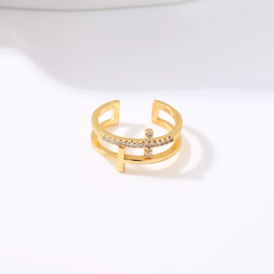 18K Gold-Plated Rhinestone Cross Open Ring Golden / One Size Apparel and Accessories