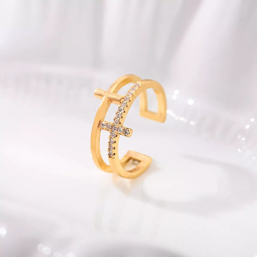 18K Gold-Plated Rhinestone Cross Open Ring Golden / One Size Apparel and Accessories