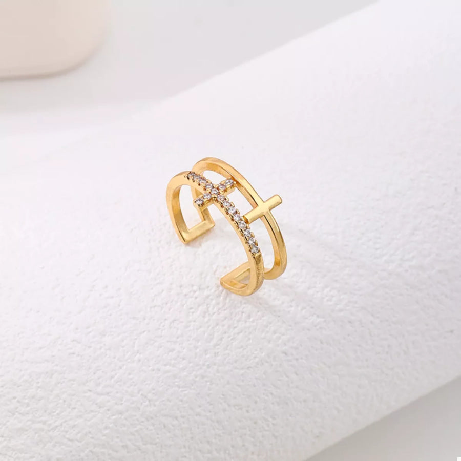 18K Gold-Plated Rhinestone Cross Open Ring Golden / One Size Apparel and Accessories