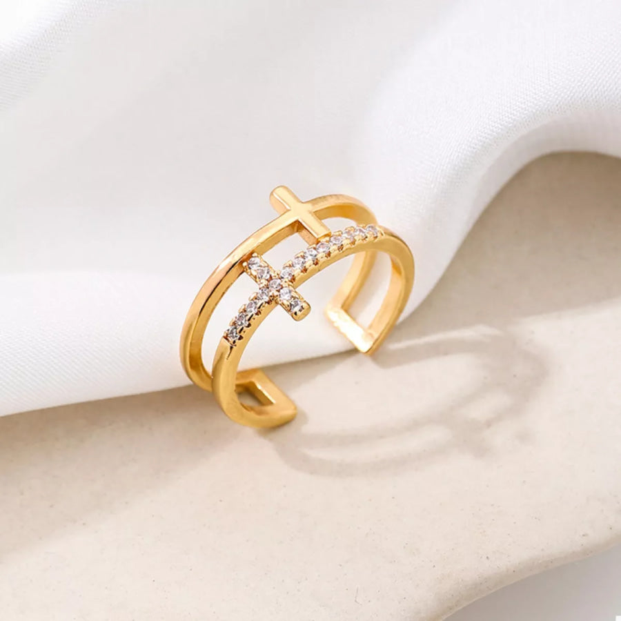 18K Gold-Plated Rhinestone Cross Open Ring Golden / One Size Apparel and Accessories