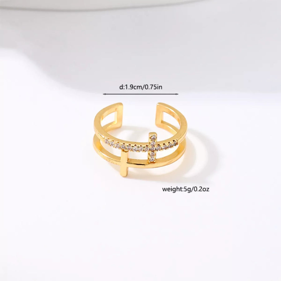 18K Gold-Plated Rhinestone Cross Open Ring Golden / One Size Apparel and Accessories