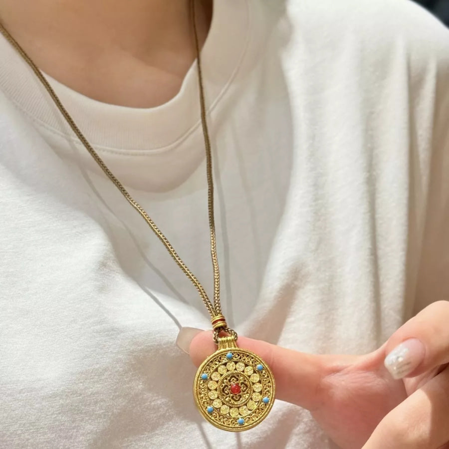 18K Gold-Plated Round Pendant Necklace Gold / One Size Apparel and Accessories