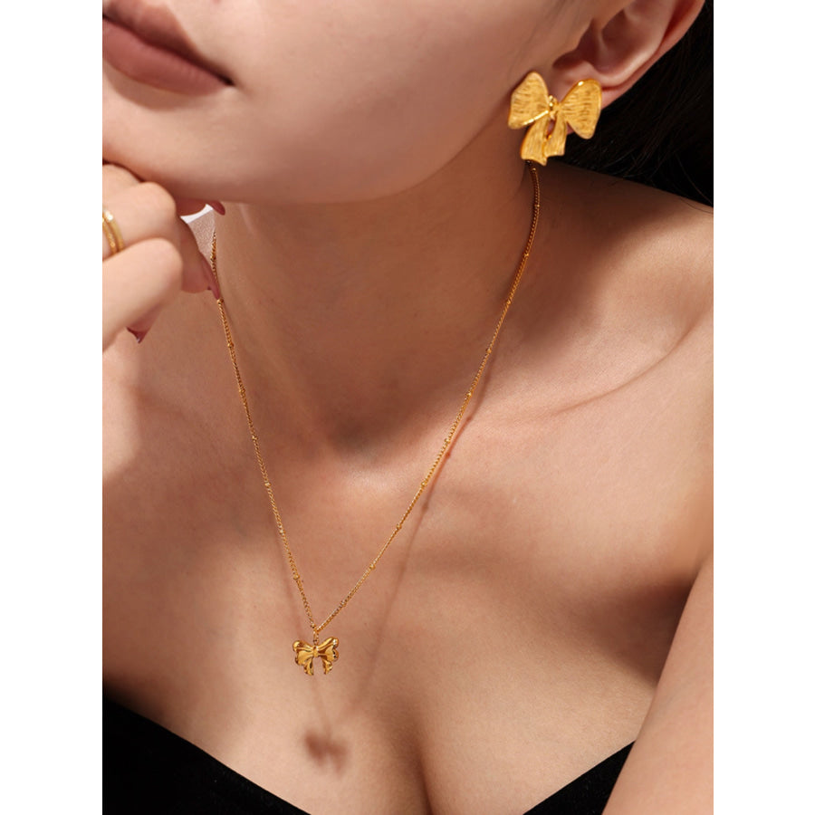 18K Gold-Plated Stainless Steel Bow Earrings and Necklace Set Gold / One Size Apparel and Accessories