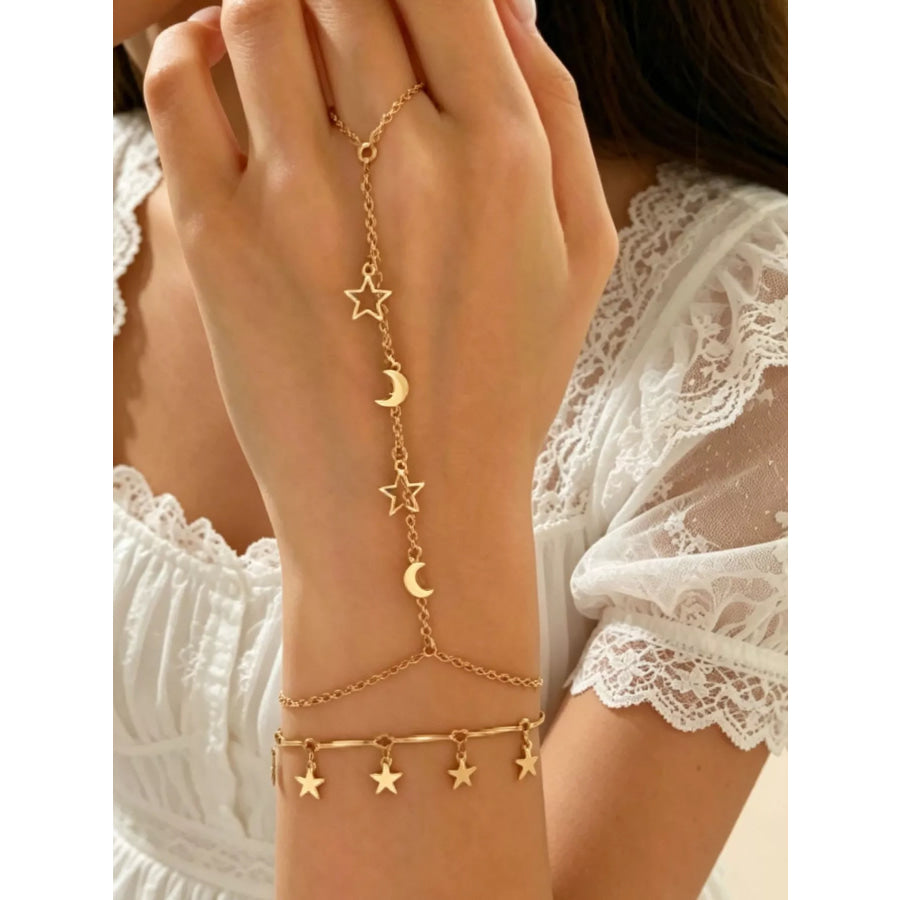 18K Gold-Plated Star and Moon Hand Chain Bracelet Gold / onesize Apparel Accessories