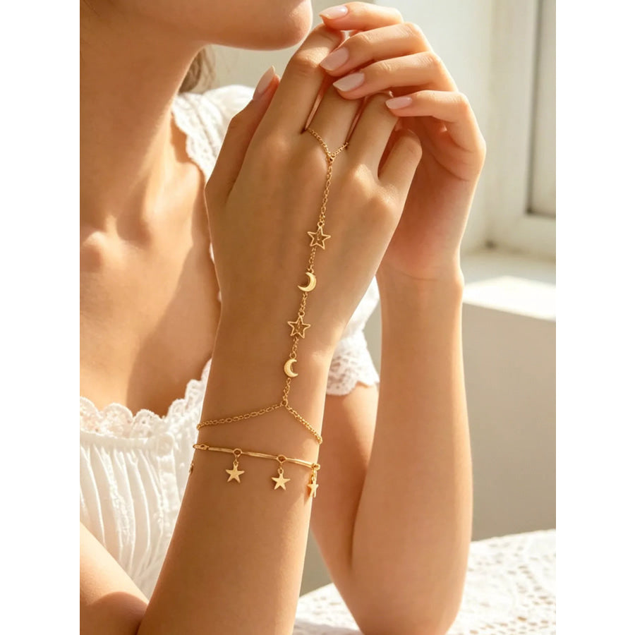 18K Gold-Plated Star and Moon Hand Chain Bracelet Gold / onesize Apparel Accessories