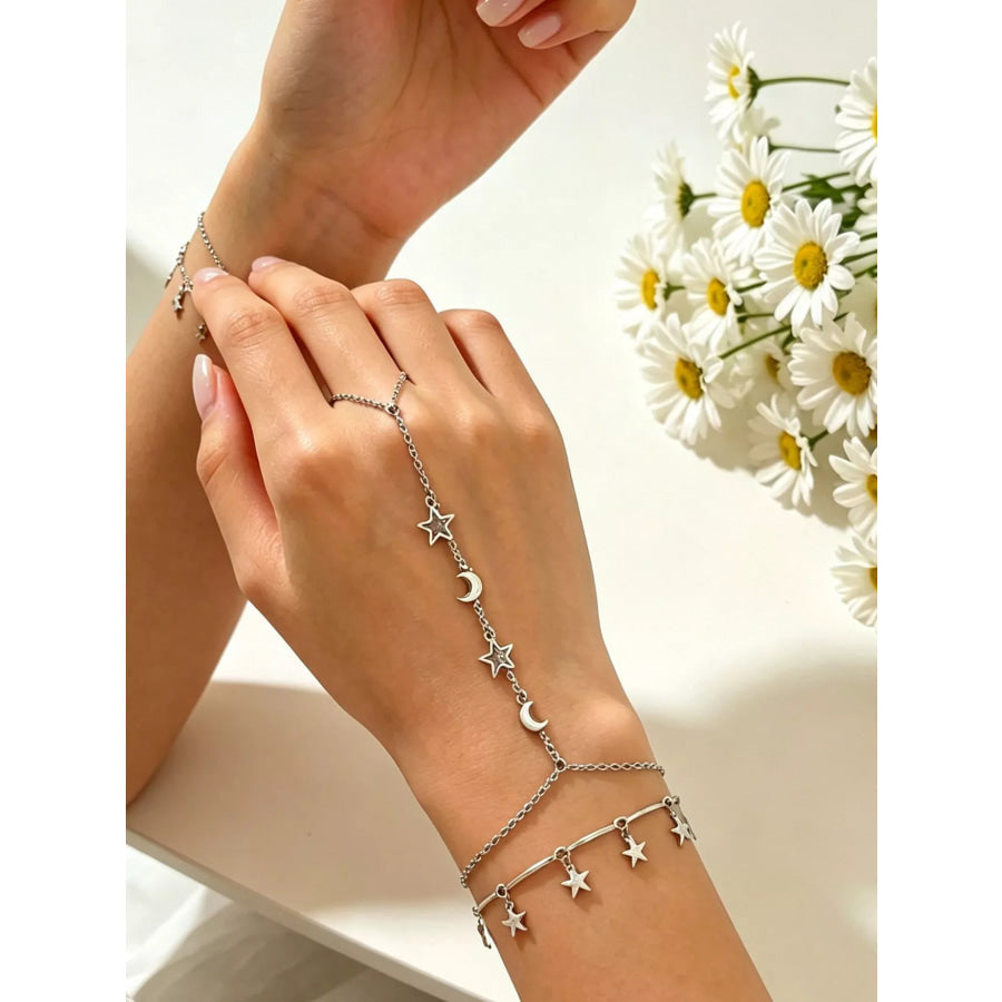 18K Gold-Plated Star and Moon Hand Chain Bracelet Silver / onesize Apparel Accessories