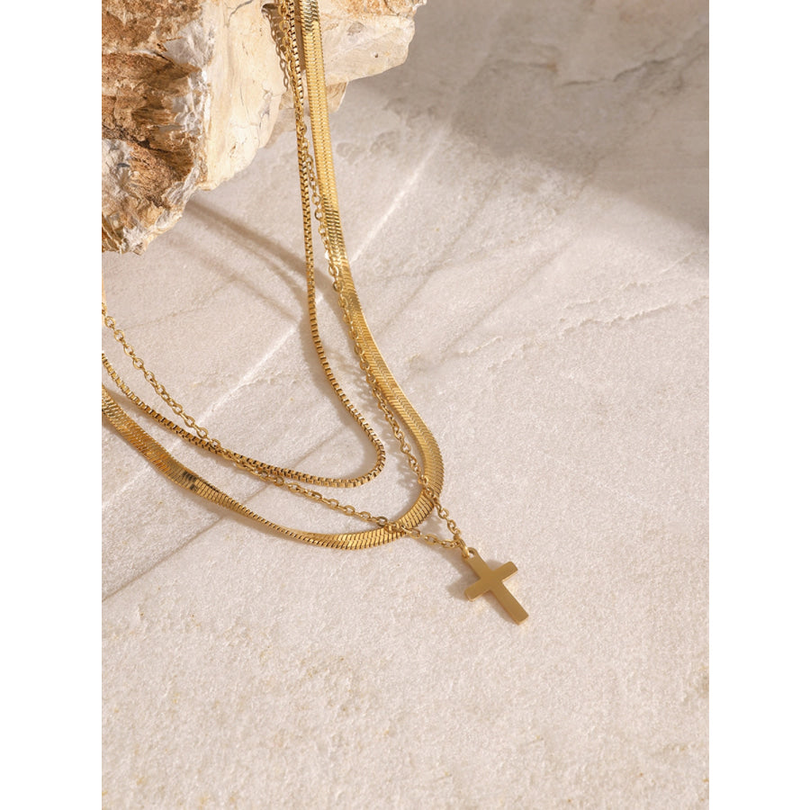 18K Gold-Plated Three-Layered Cross Necklace Gold / One Size Apparel and Accessories