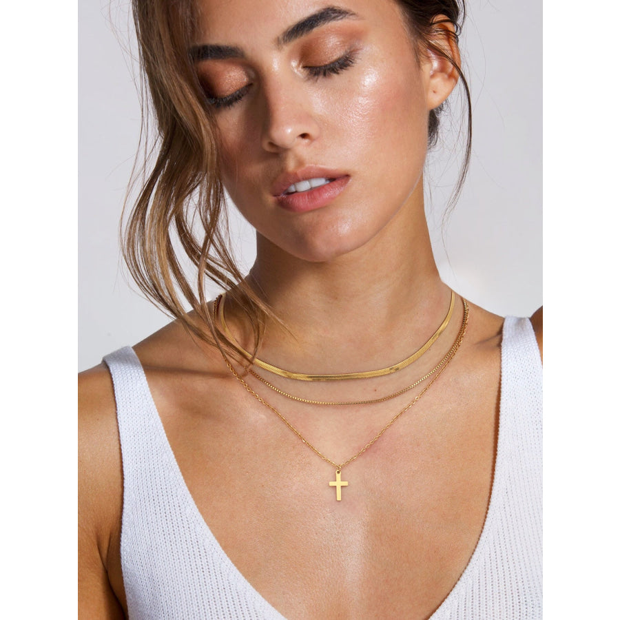 18K Gold-Plated Three-Layered Cross Necklace Gold / One Size Apparel and Accessories