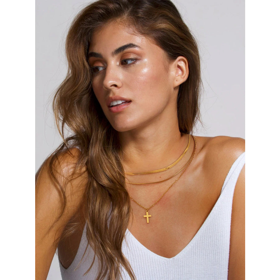 18K Gold-Plated Three-Layered Cross Necklace Gold / One Size Apparel and Accessories