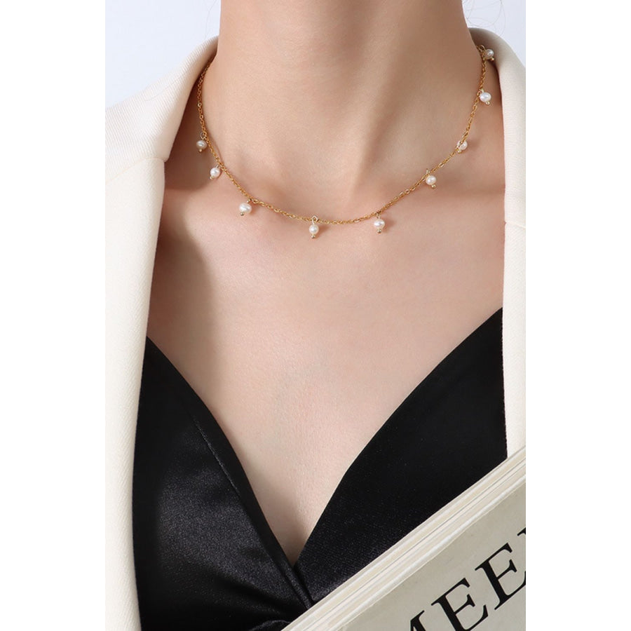 18K Gold-Plated Titanium Steel Pearl Necklace Gold / One Size Apparel and Accessories