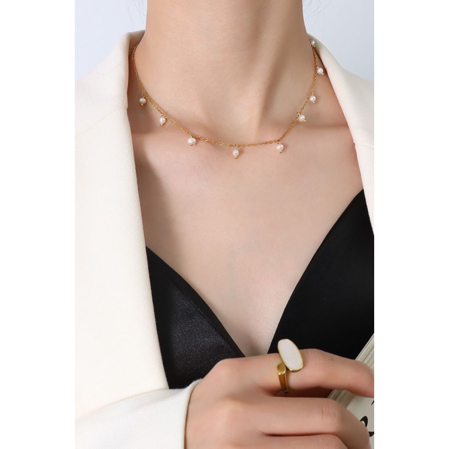 18K Gold-Plated Titanium Steel Pearl Necklace Gold / One Size Apparel and Accessories