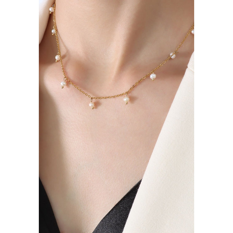 18K Gold-Plated Titanium Steel Pearl Necklace Gold / One Size Apparel and Accessories