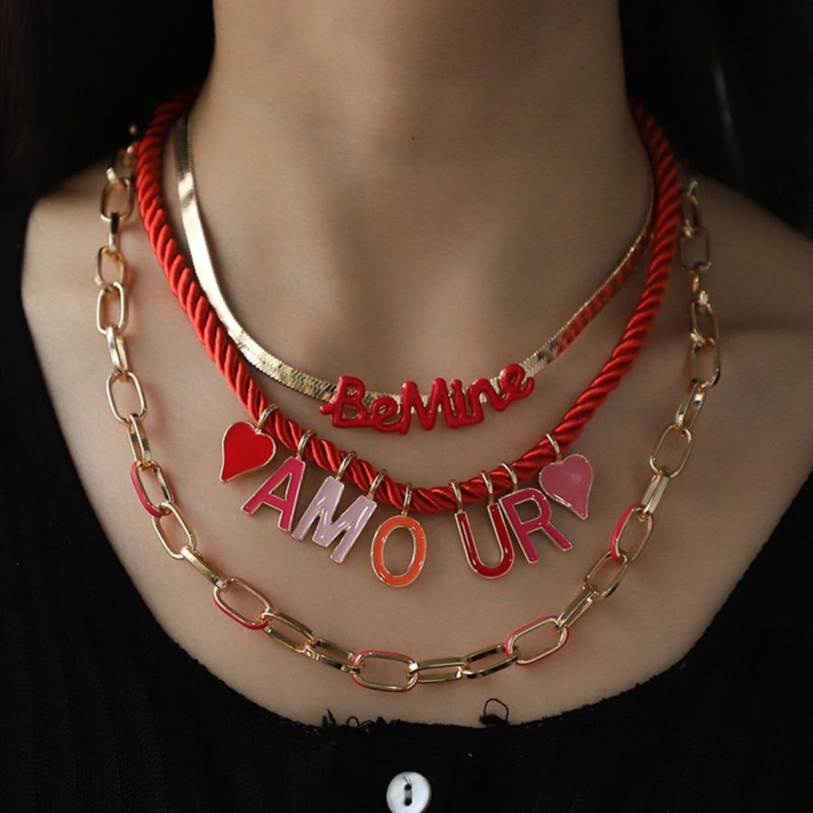 18K Gold - Plated Triple - Layered Necklace Red / One Size Apparel and Accessories