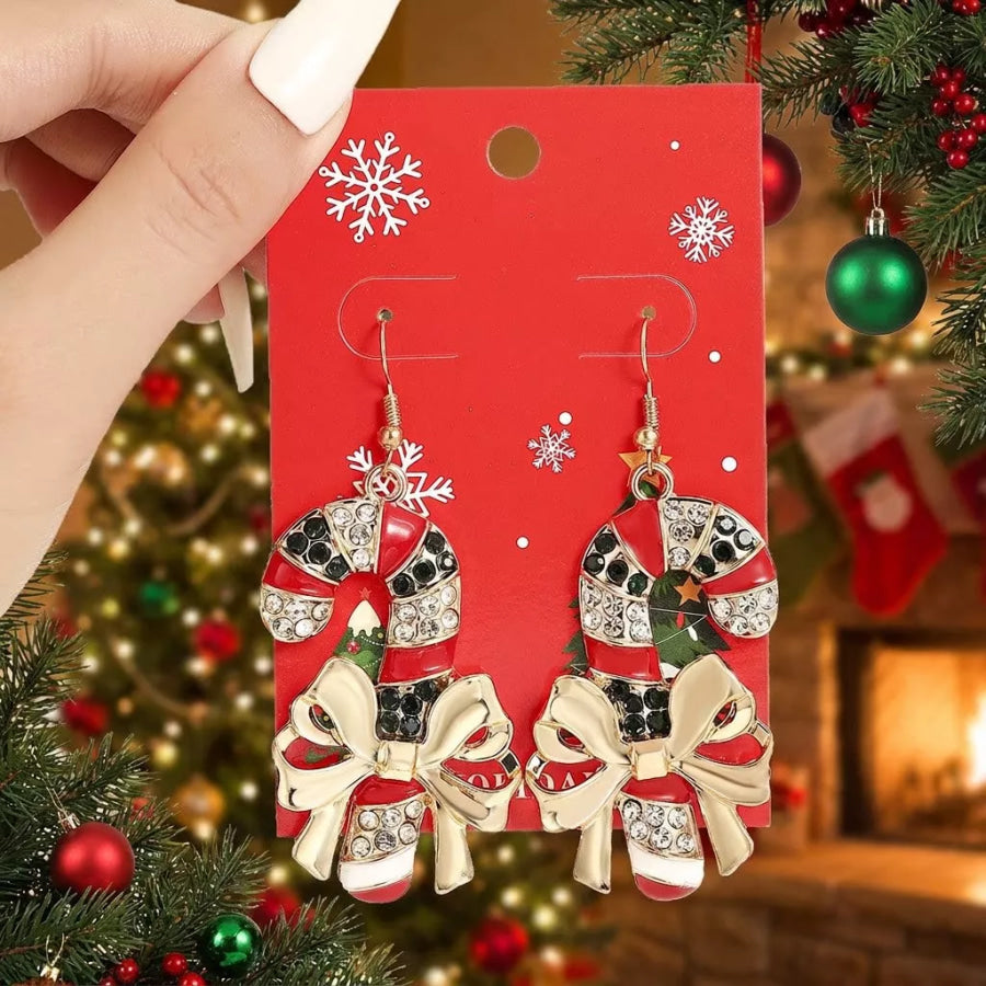 18K Gold-Plated Zircon Christmas Candy Cane Earrings Red / onesize Apparel and Accessories