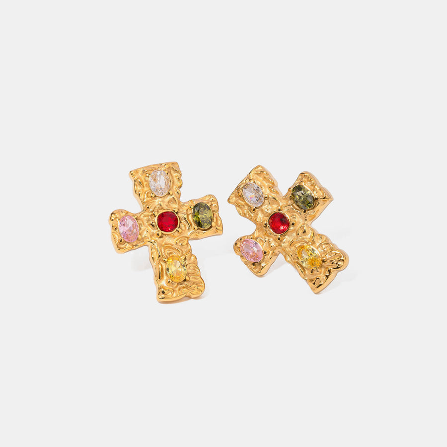 18K Gold-Plated Zircon Cross Earrings Gold/Multi / One Size Apparel and Accessories