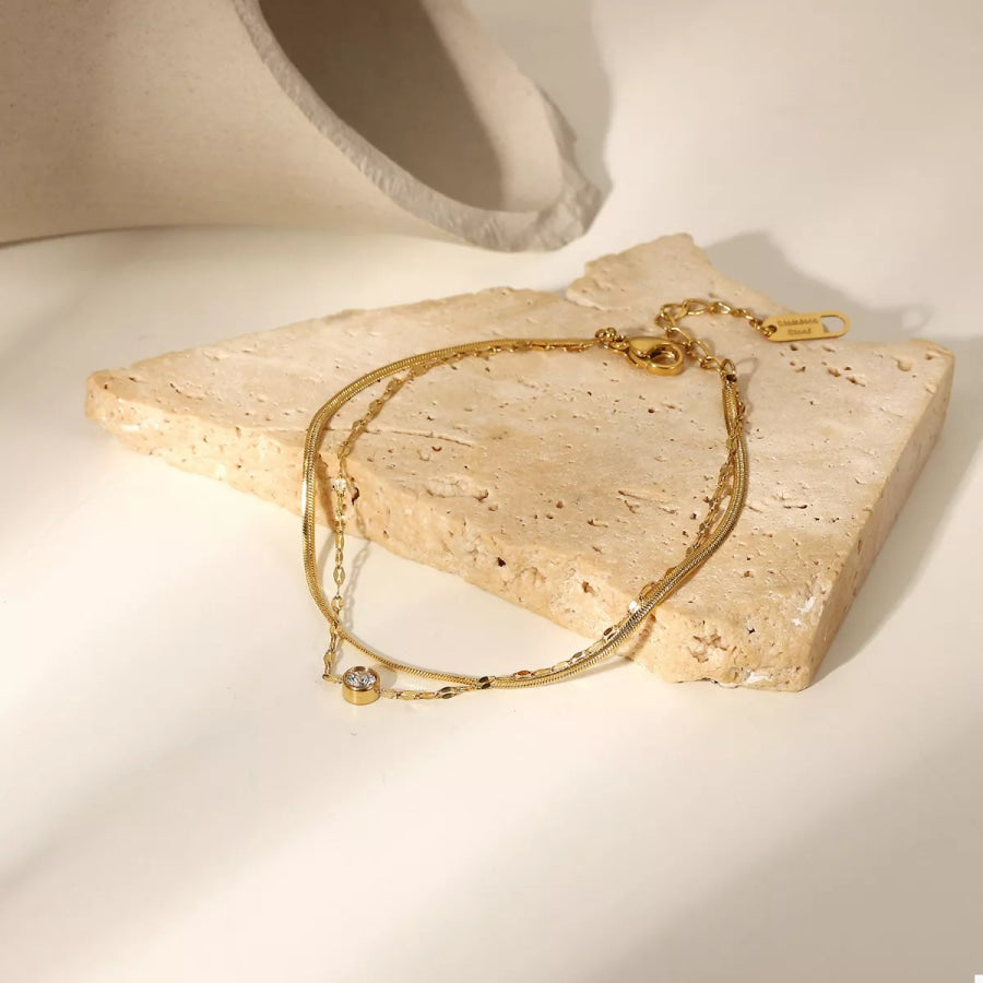 18K Gold-Plated Zircon Double Layered Bracelet Gold / One Size Apparel and Accessories