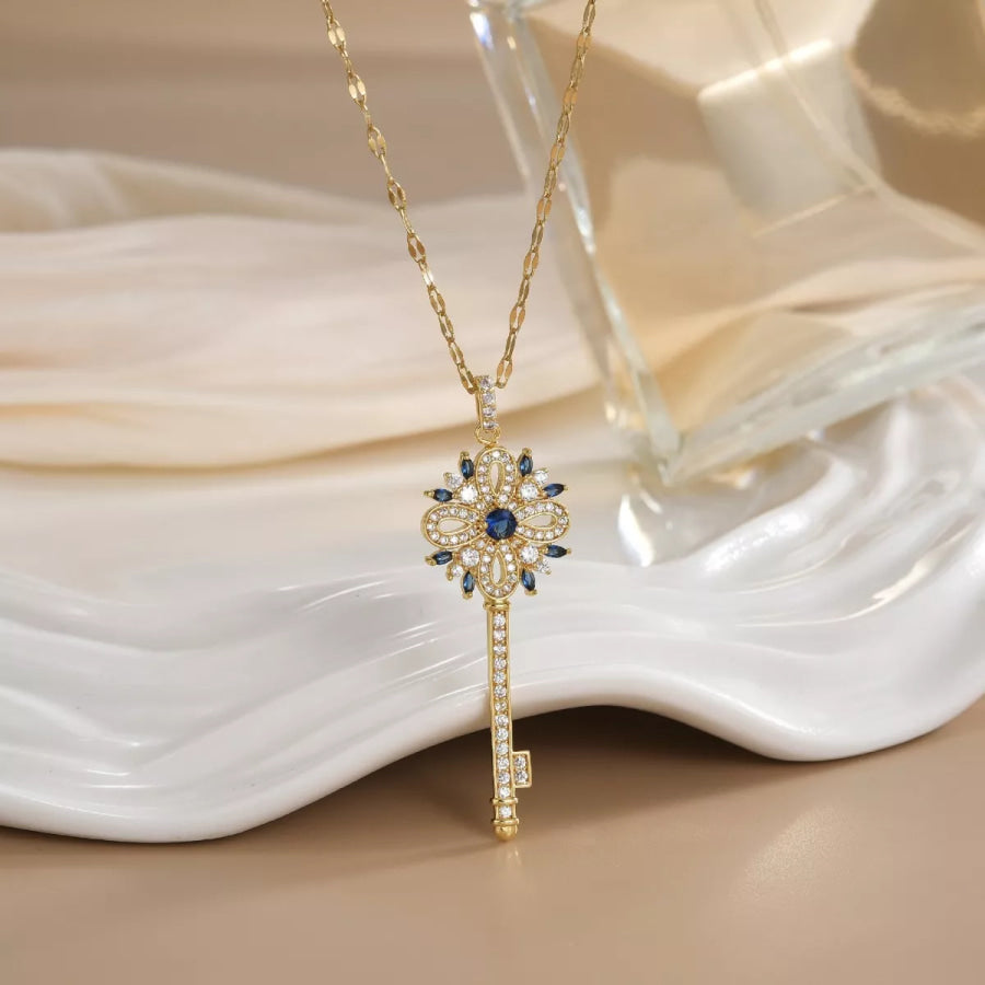 18K Gold-Plated Zircon Key Pendant Necklace Dusty Blue / ONESIZE Apparel and Accessories