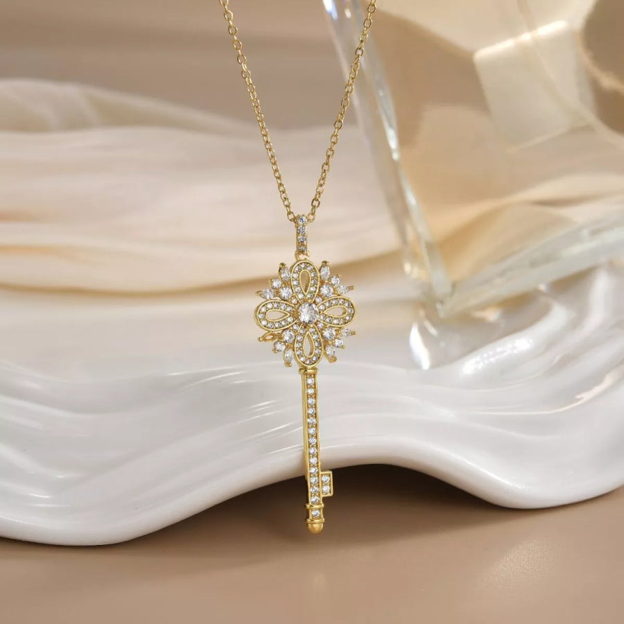 18K Gold-Plated Zircon Key Pendant Necklace White / ONESIZE Apparel and Accessories