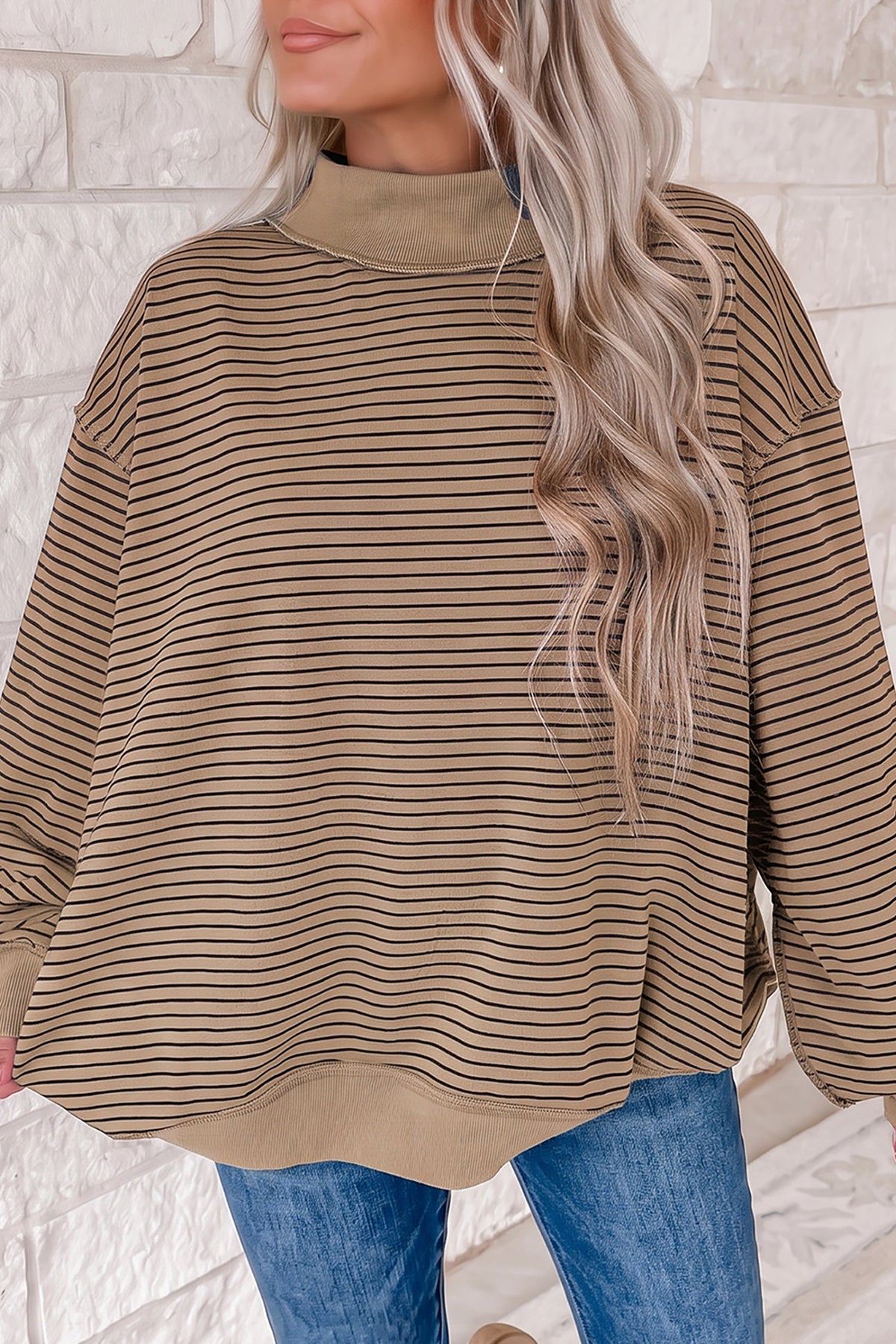Green Stripe Ribbed Color Block Mock Neck Oversized Sweatshirt